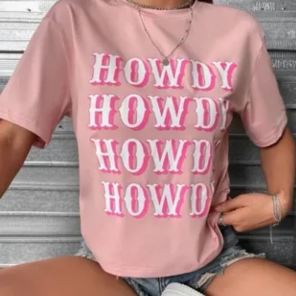 Pink Howdy Western Graphic Tee Drop Shoulder Cowboy Cowgirl Shirt Size Small - Picture 5 of 5